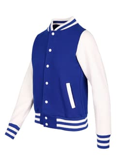 A blue and white women's varsity jacket with striped cuffs and a front pocket, featuring a logo.