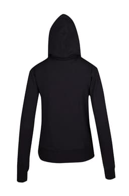 A black hoodie with long sleeves and a hood, featuring a fitted design and a logo.