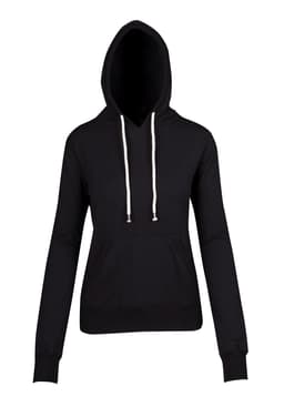 A black women's hoodie featuring a front pocket, drawstring, and a hood, with a logo present.