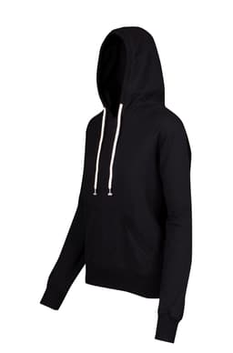A black hoodie with a front pocket and drawstrings, featuring a branding logo on the hood.