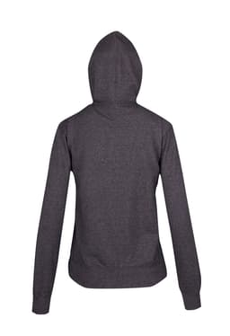 A heather grey hoodie featuring a hood and long sleeves, displayed from the back. It includes a small logo.