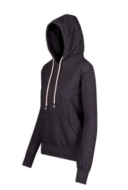A charcoal grey hoodie with a front pocket and drawstring hood. It features long sleeves and has a logo.