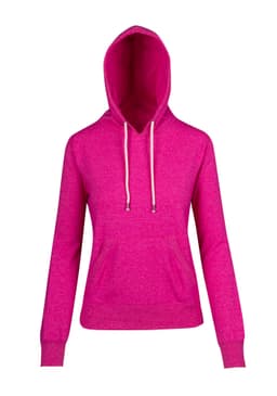 A pink hoodie with a front pocket and drawstring hood, featuring a logo. Ideal for casual wear.