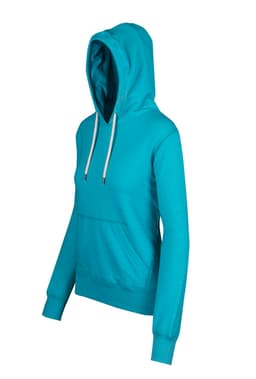 A teal women's hoodie featuring a front pocket and drawstrings, with a casual fit and a logo.