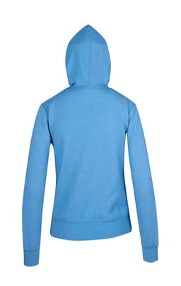 A blue hoodie with a hood and long sleeves, featuring a fitted silhouette and a logo.