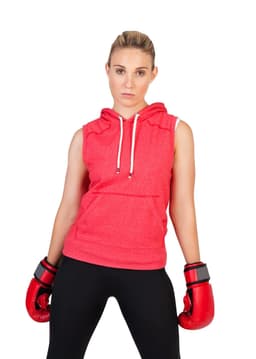 A sleeveless red hoodie with a front pocket, worn by a model wearing boxing gloves.