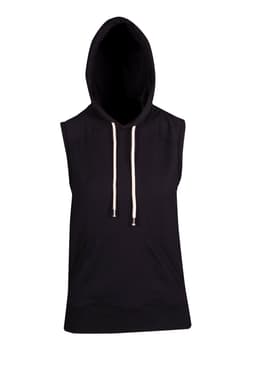 A sleeveless black hoodie featuring a hood and front pocket, with contrasting drawstrings.