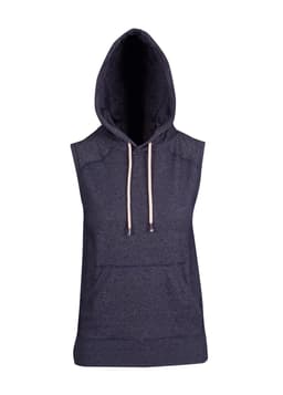 Sleeveless hoodie in dark heather grey, featuring a pouch pocket and drawstring hood, with a branding logo.
