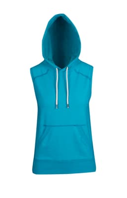 A sleeveless hoodie in vibrant aqua blue, featuring a hood, drawstrings, and a front pocket.
