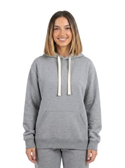 A purple women's heavy fleece hoodie and a blue men's heavy fleece hoodie, both featuring a logo and drawstring.