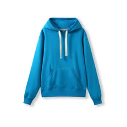 A blue heavy fleece hoodie with a front pocket and a drawstring hood. It features a logo on the chest.