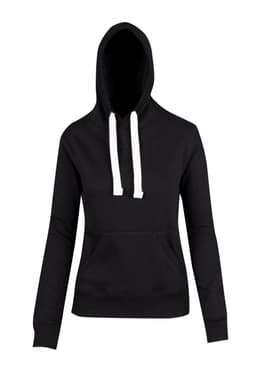 A black women's juniors heavy fleece hoodie featuring a front pocket and white drawstrings. It includes a logo.