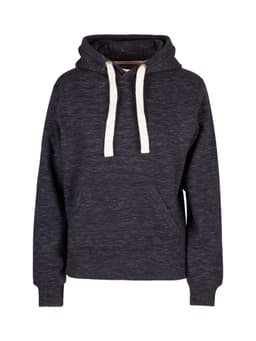 A women's junior heavy fleece hoodie in dark grey with a kangaroo pocket and contrasting drawstrings.