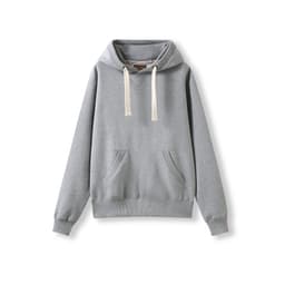 A women's heavy fleece hoodie in grey with a front pocket and a hood, featuring a contrasting drawstring.