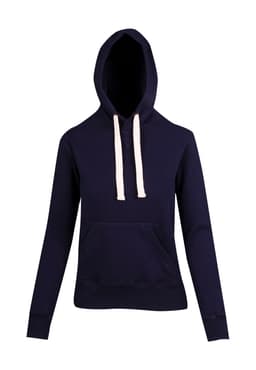 A navy blue women's heavy fleece hoodie featuring a front pocket and drawstrings on the hood.