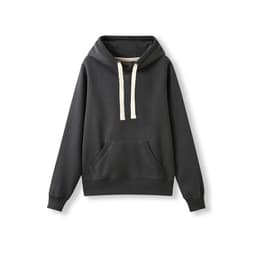 A women's heavy fleece hoodie in black, featuring a front pocket and light-coloured drawstrings, with a logo.
