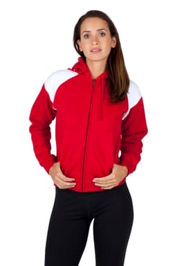 A red hoodie with white shoulder contrast, featuring a zip front and a hood, worn by a model.