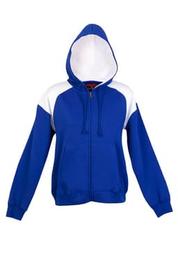 A blue and white women's juniors shoulder contrast zip hoodie featuring a hood and front pockets.