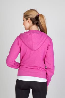 A pink heather zip hoodie with a relaxed fit, featuring a hood and a branding logo on the back.