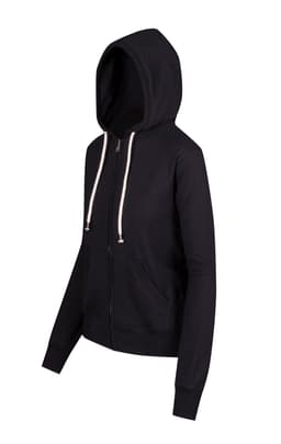 A black zip hoodie with a hood, featuring drawstrings and front pockets, has a simple design and fitted style.