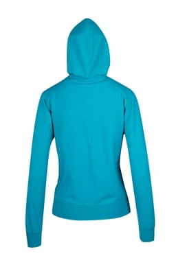 A turquoise women's zip hoodie with a hood and long sleeves, featuring a fitted design and a logo.