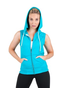 A sleeveless zip hoodie in vibrant teal, featuring a hood and front pockets, with a logo.