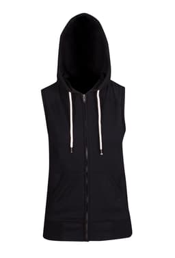 A sleeveless black zip hoodie featuring a hood, with front pockets and drawstrings. It includes a logo.