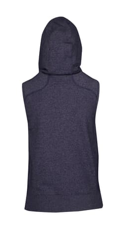 Sleeveless zip hoodie in a dark heather colour, featuring a hood and a branded logo.