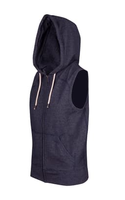 A sleeveless zip hoodie in dark heather grey with a hood and front pockets, featuring a logo.