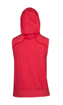 A sleeveless red hoodie featuring a hood and a branded logo on the back. Suitable as casual wear.