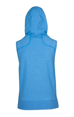 A sleeveless zip hoodie in a light blue hue, featuring a hood and a simple design. It has a logo on it.