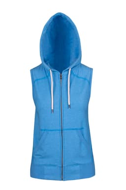 A sleeveless zip hoodie in light blue with a hood and front pockets, featuring a logo.