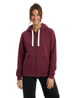 A navy blue and burgundy heavy zip fleece hoodie, displayed by two models. The hoodies have drawstrings and pockets.