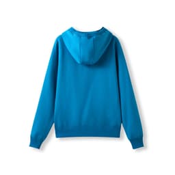 A blue women's junior heavy fleece hoodie featuring a kangaroo pocket and a hood at the back.