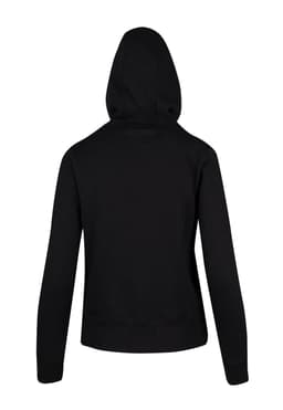 A black women's junior heavy zip fleece hoodie with a hood and long sleeves, featuring a rear view design.