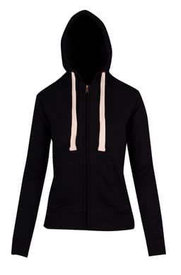 A black women's junior heavy zip fleece hoodie with a drawstring hood and front zipper.