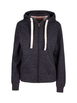 A dark grey heavy zip fleece hoodie with a hood and cream drawstrings, featuring two front pockets and a logo.