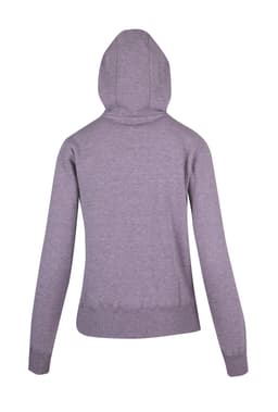 A grey women's junior heavy zip fleece hoodie with a hood and ribbed cuffs. Features a logo.