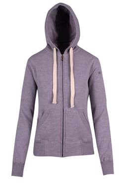 A grey heavy zip fleece hoodie with a hood, featuring a zipped front and pockets. It has a logo on it.