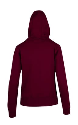 A maroon women's junior heavy zip fleece hoodie with a hood and ribbed cuffs. Features a logo on the back.