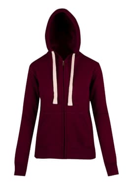 A maroon heavy zip fleece hoodie with a hood and contrasting drawstrings, featuring front pockets and a branded logo.