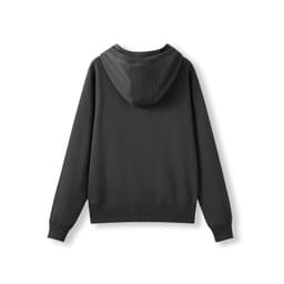 A black women's junior heavy zip fleece hoodie with a hood and ribbed cuffs. Features a plain back design.