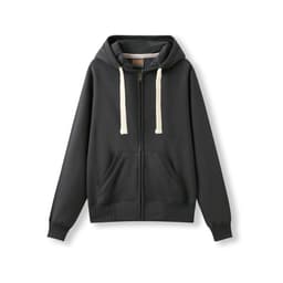 A black heavy zip fleece hoodie with a hood and cream drawstrings, featuring front pockets and a brand logo.