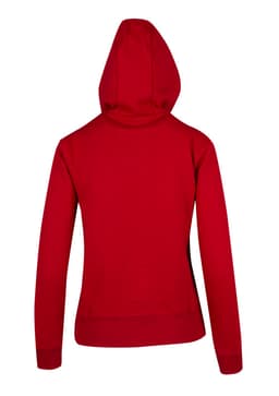 A red women's junior heavy zip fleece hoodie featuring a hood and a fitted design at the back.
