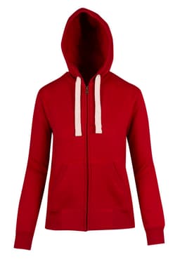 A red women's junior heavy zip fleece hoodie featuring a drawstring hood and ribbed cuffs, with a logo present.