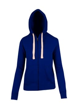 A blue women's heavy zip fleece hoodie with a hood and cream-coloured drawstrings. Features a logo on the front.