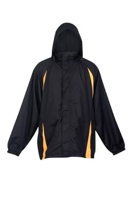 A black rain jacket with yellow accents and a hood, featuring a logo on the front.