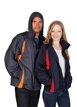 A grey and navy shower-proof Sportech nylon jacket with orange accents, displayed on a man and woman.