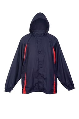 A navy blue and red men's shower-proof nylon jacket with a hood and elastic cuffs. It features a logo.