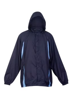 A navy blue men's shower proof sportech nylon jacket with a hood and light blue accents. It features a logo.